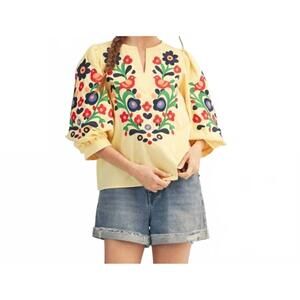 NEW STYLE USA embroidered v-neck woven top in banana yellow